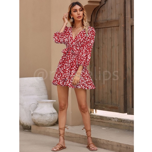 Red Ditsy Floral Print Mini Dress V-Neck Ties 3/4 Puff Sleeve Fit & Flare - Picture 3 of 12